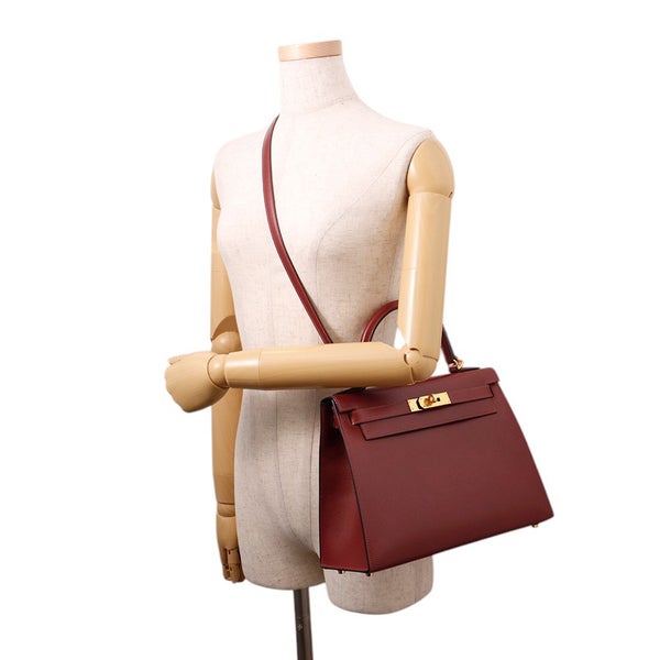 エルメス ハンドバッグ ケリー28 外縫い ルージュアッシュ/ゴールド金具 ボックスカーフ W刻印 ２wayショルダー