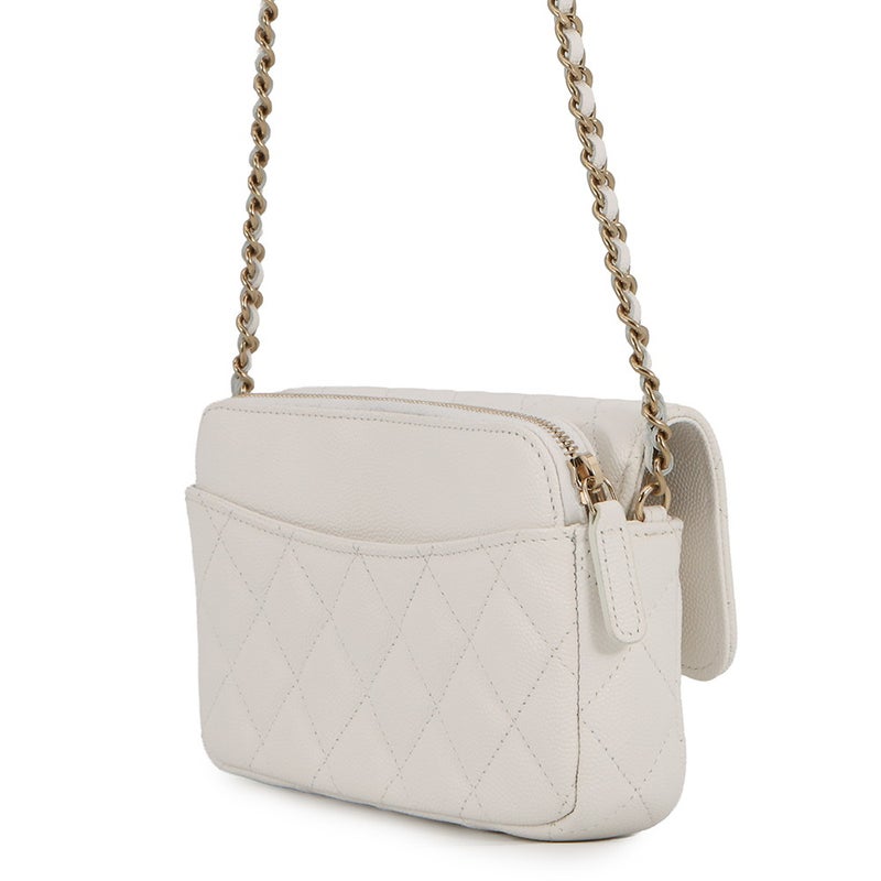 シャネル チェーンショルダーバッグ マトラッセ ココマーク フラップ フォンケース キャビアスキン AP2096 CHANEL 白
