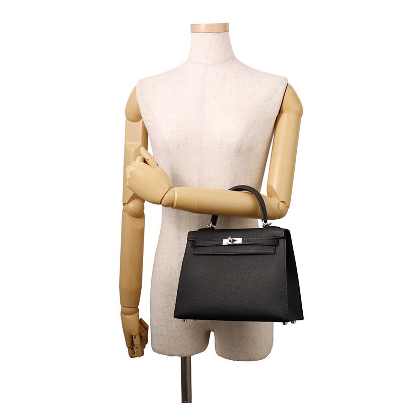 エルメス ハンドバッグ ケリー25 外縫い ブラック/シルバー金具 エプソン G刻印 ２wayショルダー 黒