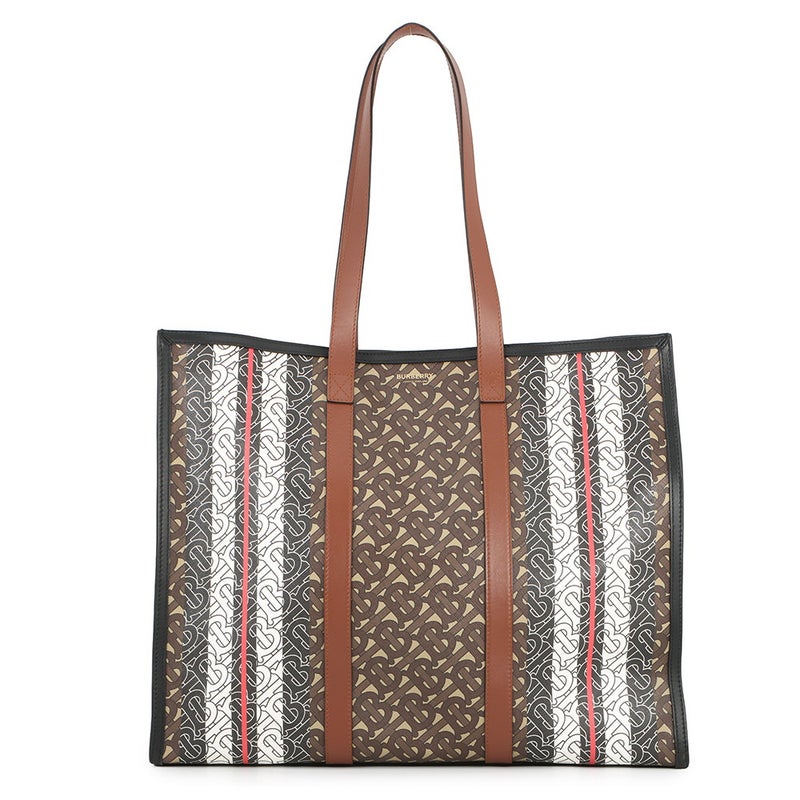 バーバリー トートバッグ TBモノグラム ストライプ Eキャンバス PVC レザー BURBERRY