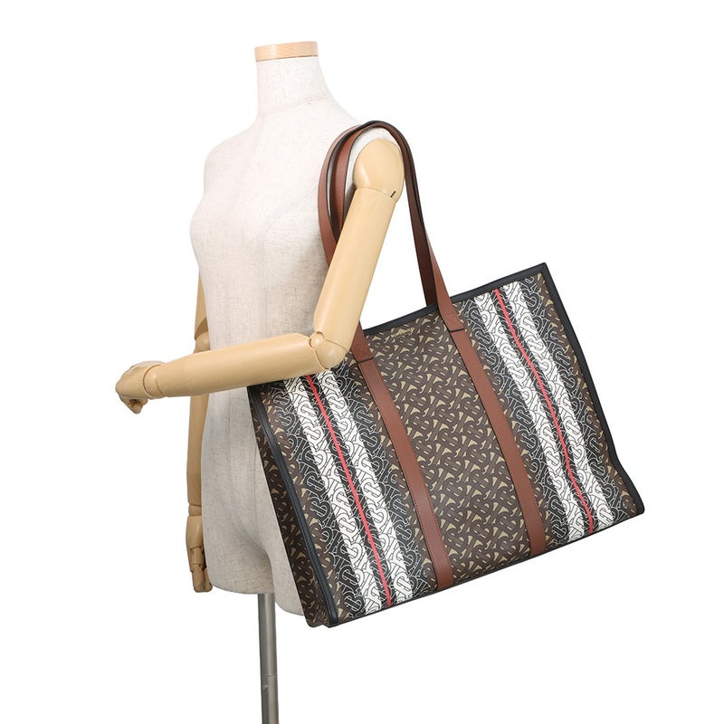 バーバリー トートバッグ TBモノグラム ストライプ Eキャンバス PVC レザー BURBERRY