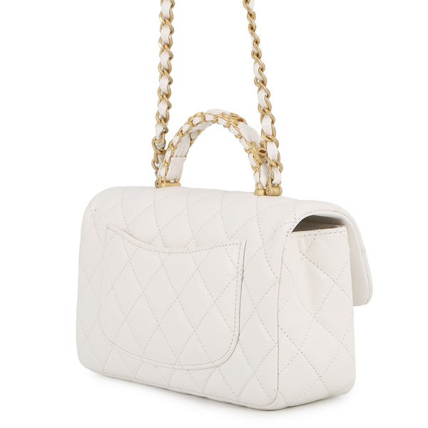 シャネル チェーンショルダーバッグ マトラッセ ココマーク トップハンドル スモール キャビアスキン AS5702 CHANEL 白