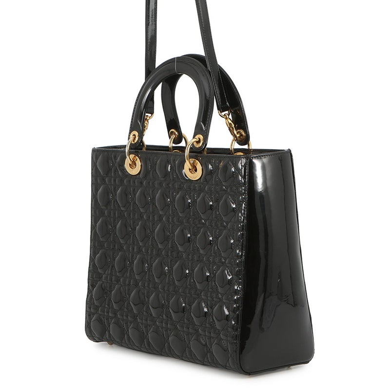ディオール ハンドバッグ カナージュ レディディオール ラージ パテントレザー Christian Dior 2way 黒
