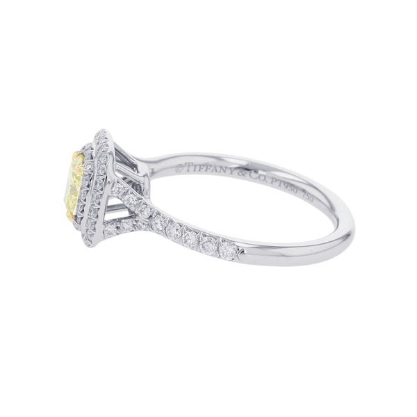 ティファニー ソレスト クッションカット ファンシーイエローダイヤ 0.71ct 0.46ct Pt950/K18YG 9号 鑑定書付