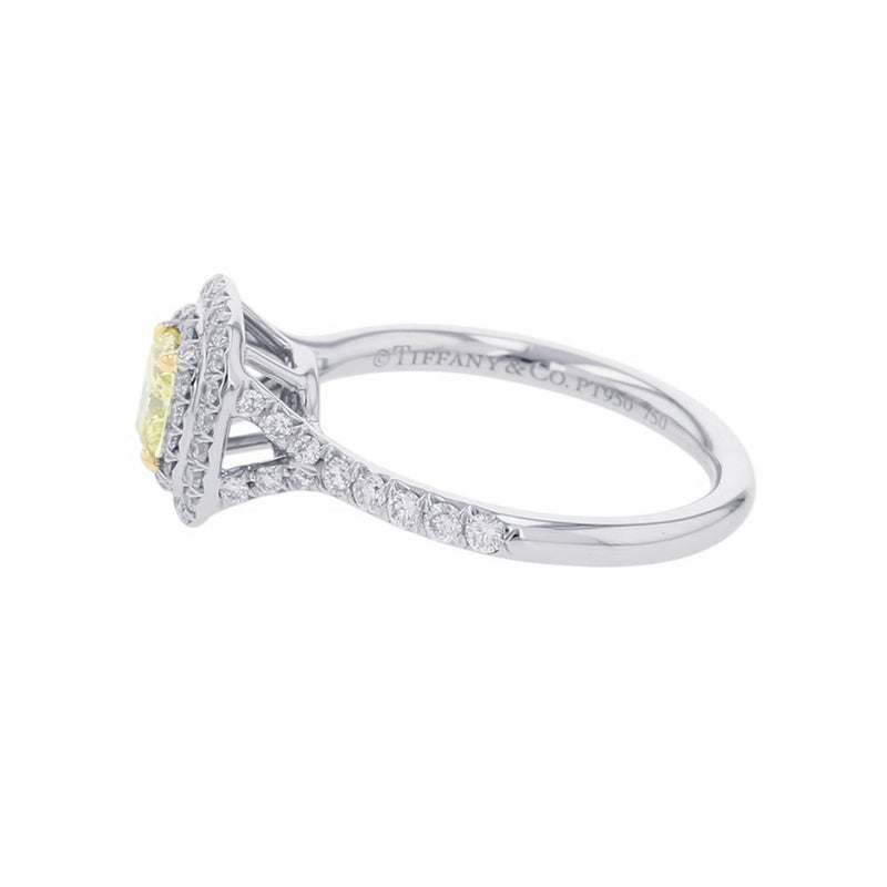 ティファニー ソレスト クッションカット ファンシーイエローダイヤ 0.71ct 0.46ct Pt950/K18YG 9号 鑑定書付