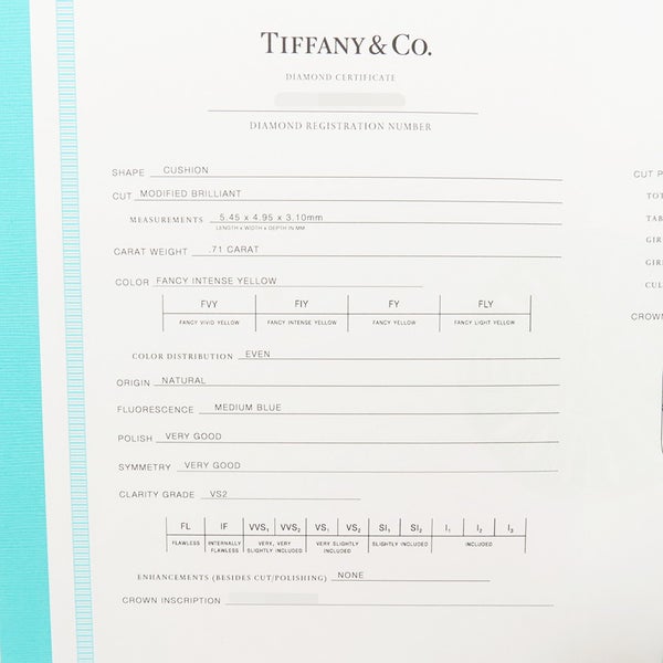 ティファニー ソレスト クッションカット ファンシーイエローダイヤ 0.71ct 0.46ct Pt950/K18YG 9号 鑑定書付