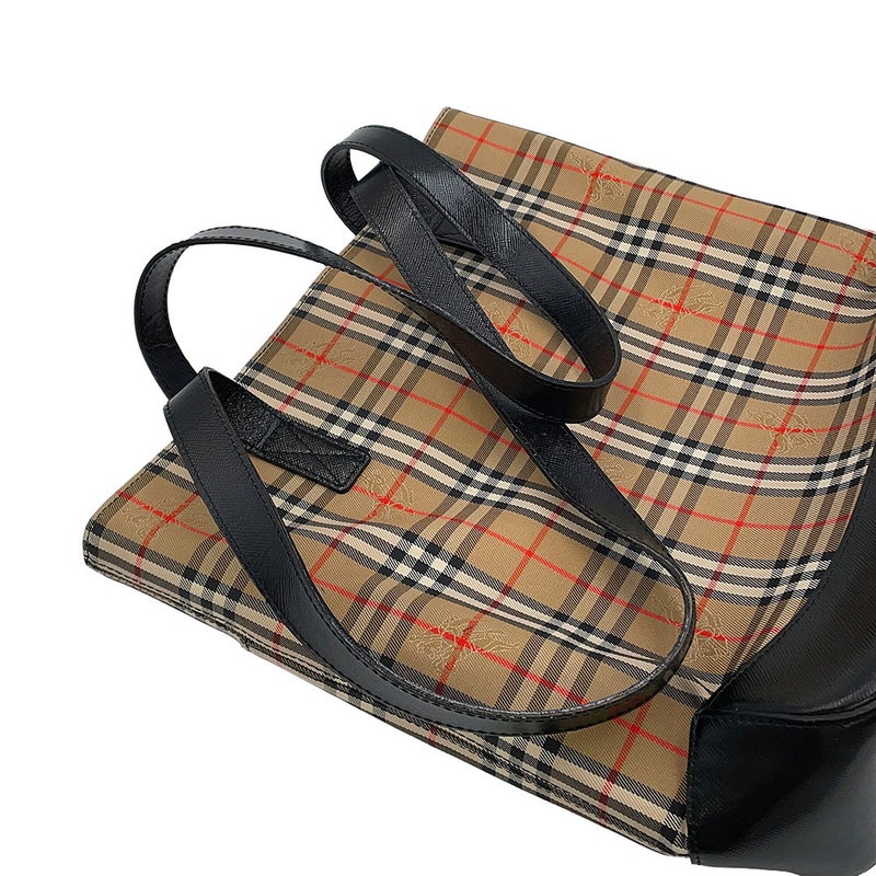 バーバリー トートバッグ チェック キャンバス レザー BURBERRY 黒