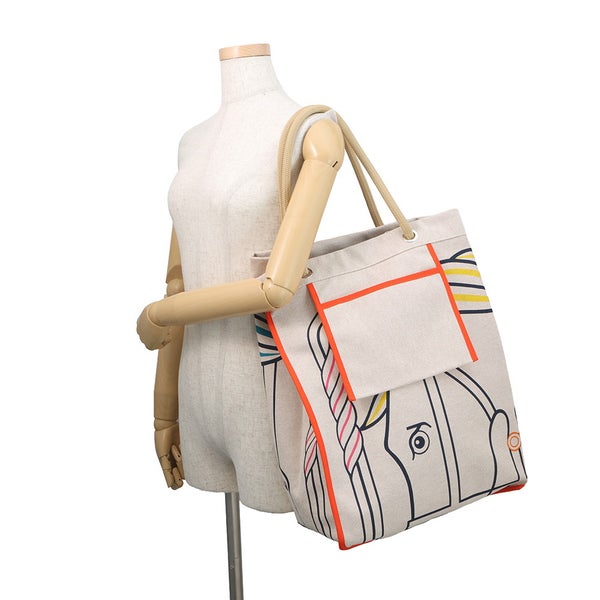 エルメス トートバッグ ビーチバッグ カドリージュ ブルー/イエロー/ピンク/シルバー金具 トワルアッシュ
