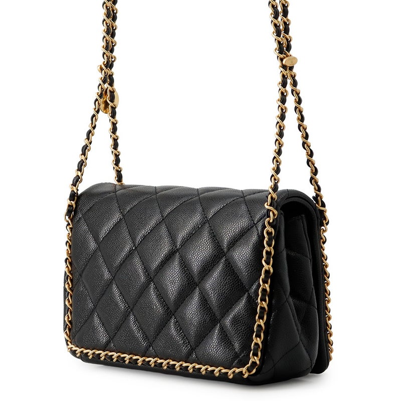 シャネル チェーンショルダーバッグ マトラッセ ココマーク Wチェーン キャビアスキン AS3467 CHANEL 黒