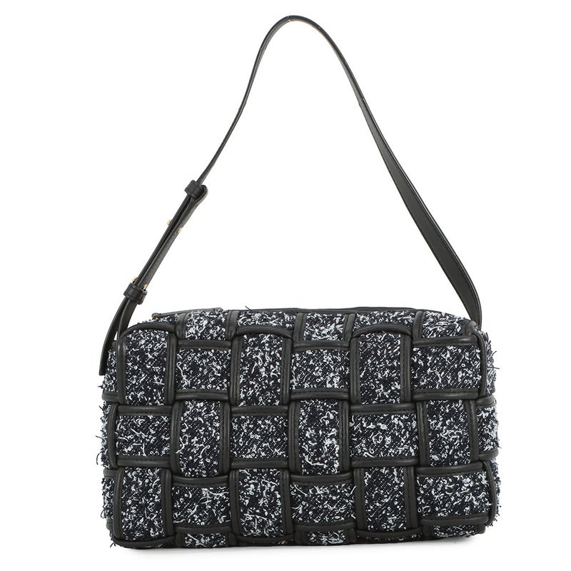 ボッテガヴェネタ ショルダーバッグ ブリックカセット マキシイントレチャート ツイード レザー BOTTEGA VENETA バッグ 黒