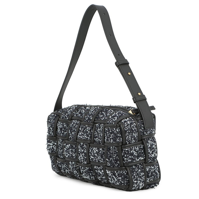 ボッテガヴェネタ ショルダーバッグ ブリックカセット マキシイントレチャート ツイード レザー BOTTEGA VENETA バッグ 黒