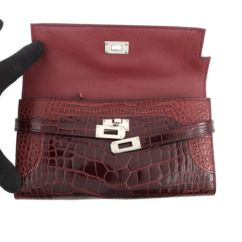 エルメス 長財布 ケリーウォレット ギリーズ ルージュアッシュ/シルバー金具 アリゲーター/アリゲーターマット D刻印