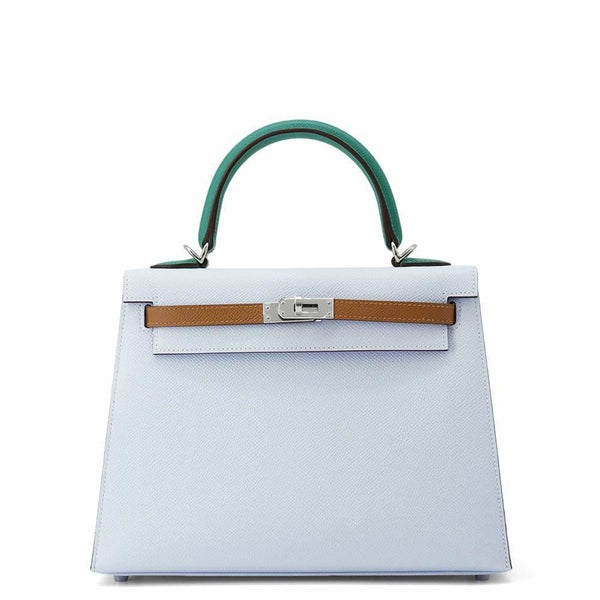 エルメス ケリー25 外縫い トリコロール ブルーブリュム/ゴールド/ヴェールジェイド/シルバー金具 エプソン U刻印