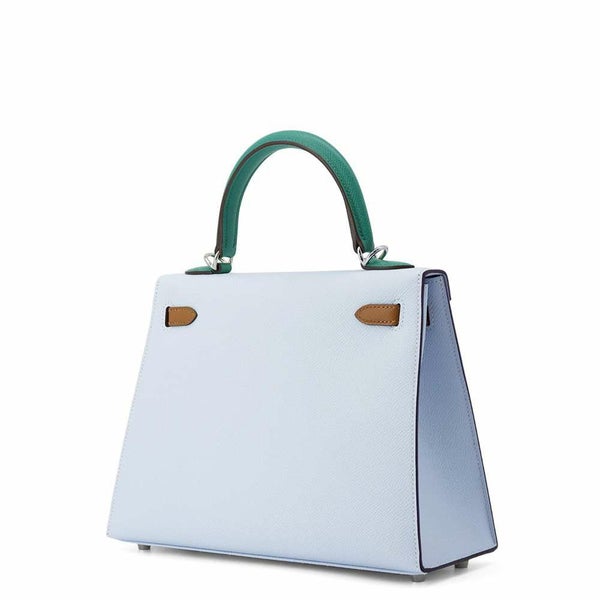 エルメス ケリー25 外縫い トリコロール ブルーブリュム/ゴールド/ヴェールジェイド/シルバー金具 エプソン U刻印