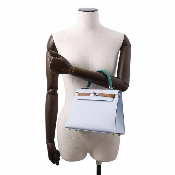 エルメス ケリー25 外縫い トリコロール ブルーブリュム/ゴールド/ヴェールジェイド/シルバー金具 エプソン U刻印