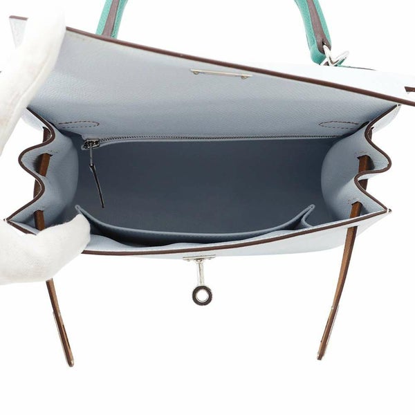 エルメス ケリー25 外縫い トリコロール ブルーブリュム/ゴールド/ヴェールジェイド/シルバー金具 エプソン U刻印