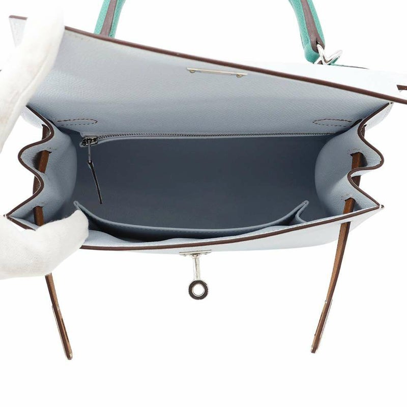 エルメス ケリー25 外縫い トリコロール ブルーブリュム/ゴールド/ヴェールジェイド/シルバー金具 エプソン U刻印