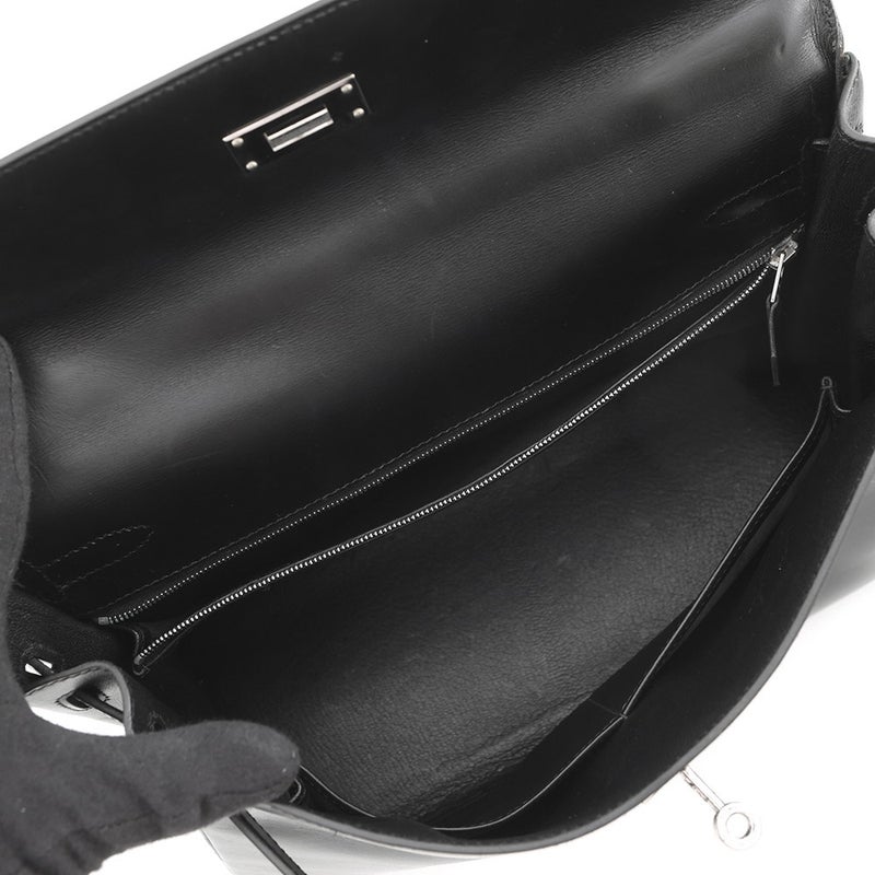 エルメス ハンドバッグ ケリー32 内縫い ブラック/シルバー金具 シャモニー □G刻印 ２wayショルダー 黒