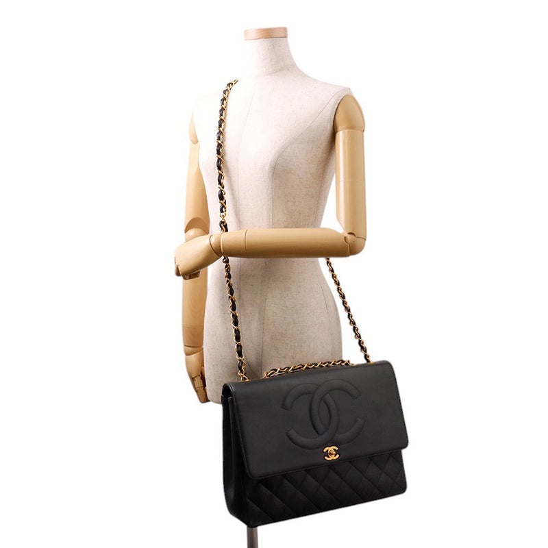 シャネル チェーンショルダーバッグ マトラッセ ココマーク デカココ ダブルチェーン キャビアスキン CHANEL 黒