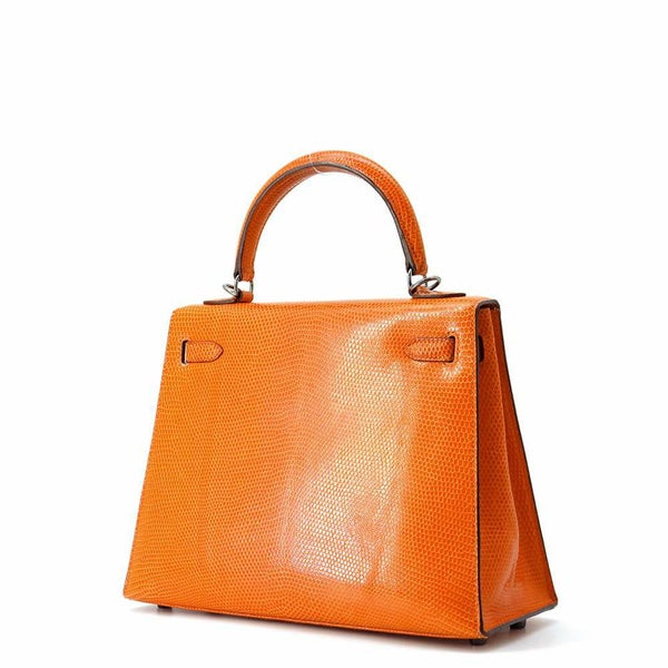 エルメス ハンドバッグ ケリー25 外縫い オレンジ/ルテニウム金具 リザード □J刻印 HERMES 2wayショルダー