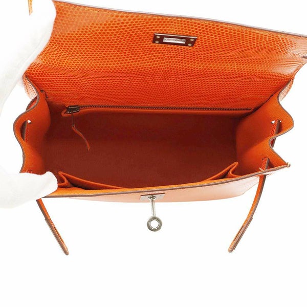 エルメス ハンドバッグ ケリー25 外縫い オレンジ/ルテニウム金具 リザード □J刻印 HERMES 2wayショルダー