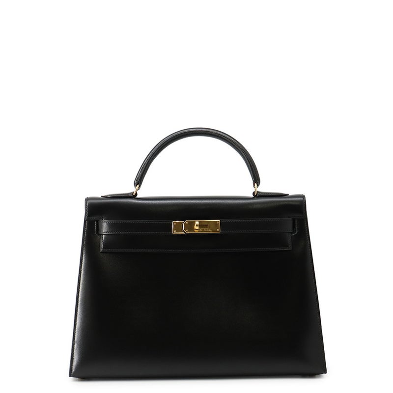 エルメス ハンドバッグ ケリー32 外縫い ブラック/ゴールド金具 ボックスカーフ 〇U刻印 HERMES Kelly 2wayバッグ 黒