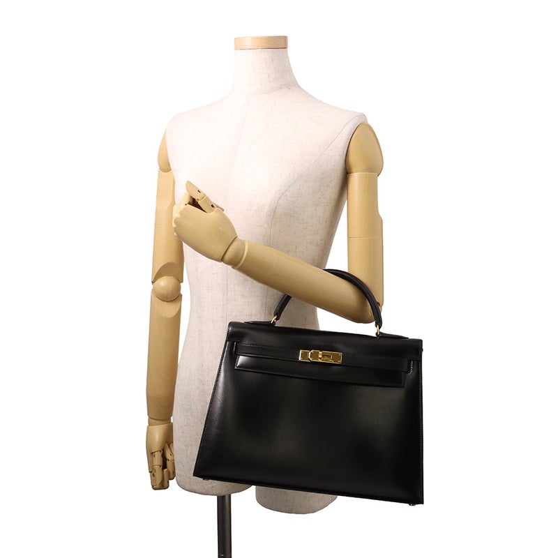 エルメス ハンドバッグ ケリー32 外縫い ブラック/ゴールド金具 ボックスカーフ 〇U刻印 HERMES Kelly 2wayバッグ 黒