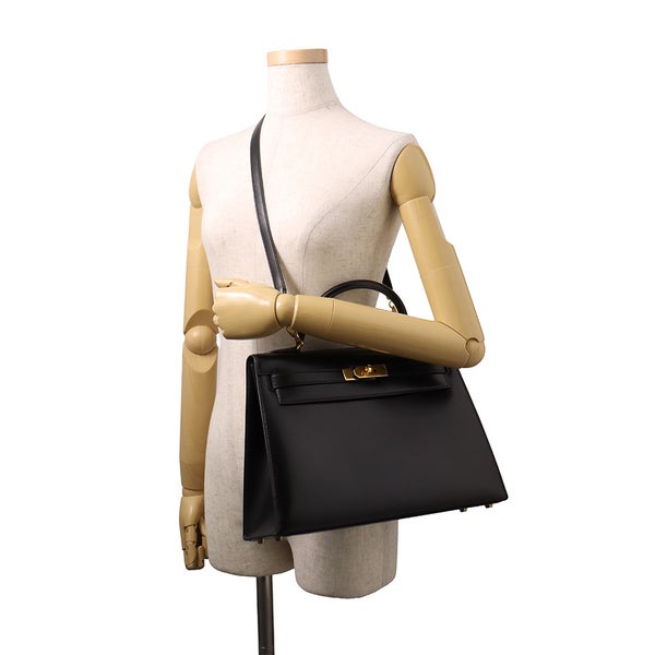 エルメス ハンドバッグ ケリー32 外縫い ブラック/ゴールド金具 ボックスカーフ 〇U刻印 HERMES Kelly 2wayバッグ 黒