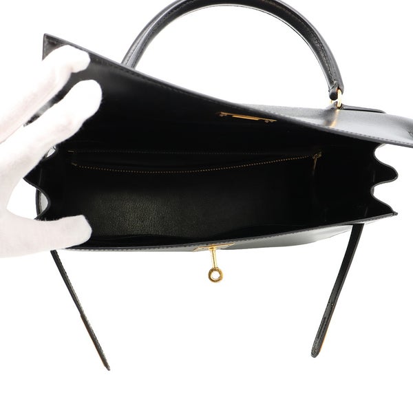 エルメス ハンドバッグ ケリー32 外縫い ブラック/ゴールド金具 ボックスカーフ 〇U刻印 HERMES Kelly 2wayバッグ 黒