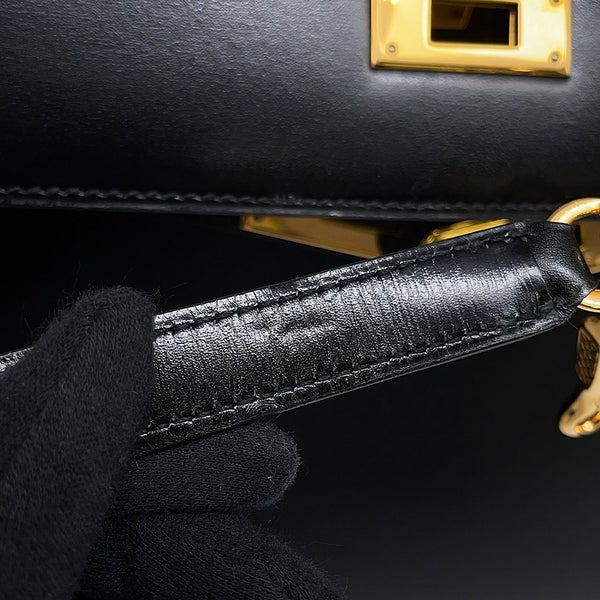 エルメス ハンドバッグ ケリー32 外縫い ブラック/ゴールド金具 ボックスカーフ 〇U刻印 HERMES Kelly 2wayバッグ 黒