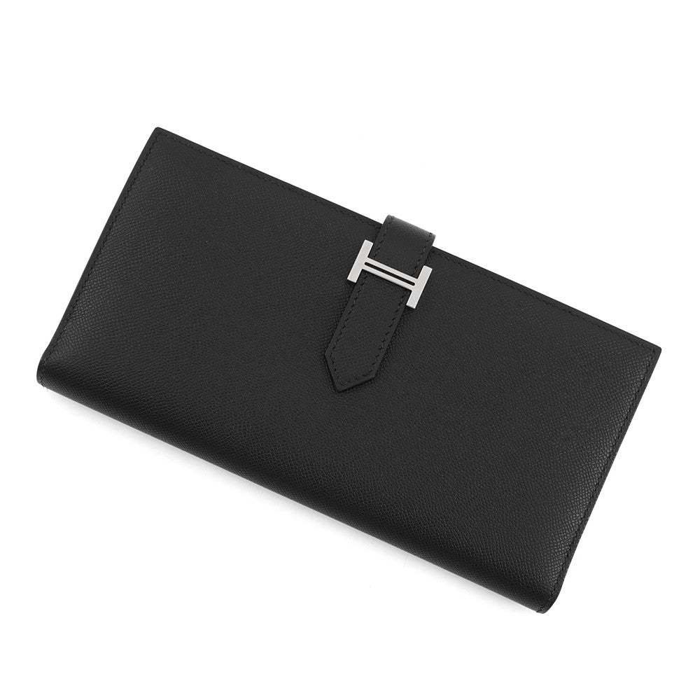 【本物保証】 箱付 超美品 エルメス HERMES ベアンスフレ 二つ折り長財布 シェーブル 黒 ブラック シルバー金具 □N刻印 希少 レア HERMES - 【本物保証】 箱付 超美品 エルメス HERMES ベアンスフレ 二