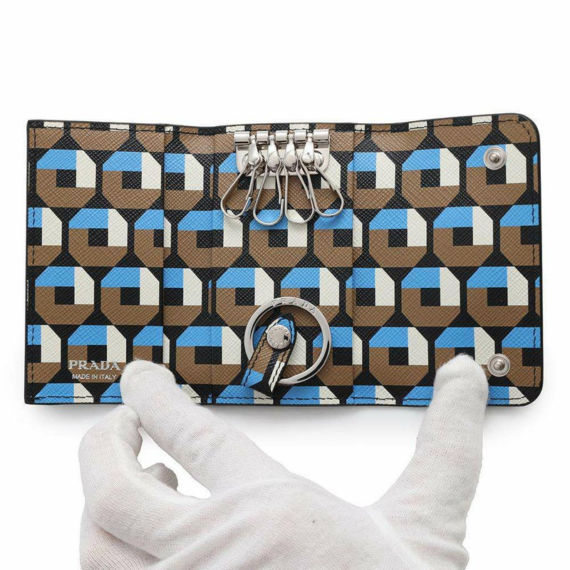 プラダ キーケース 幾何学模様 4連キーケース サフィアーノ 1PG004 PRADA キーリング付き 黒