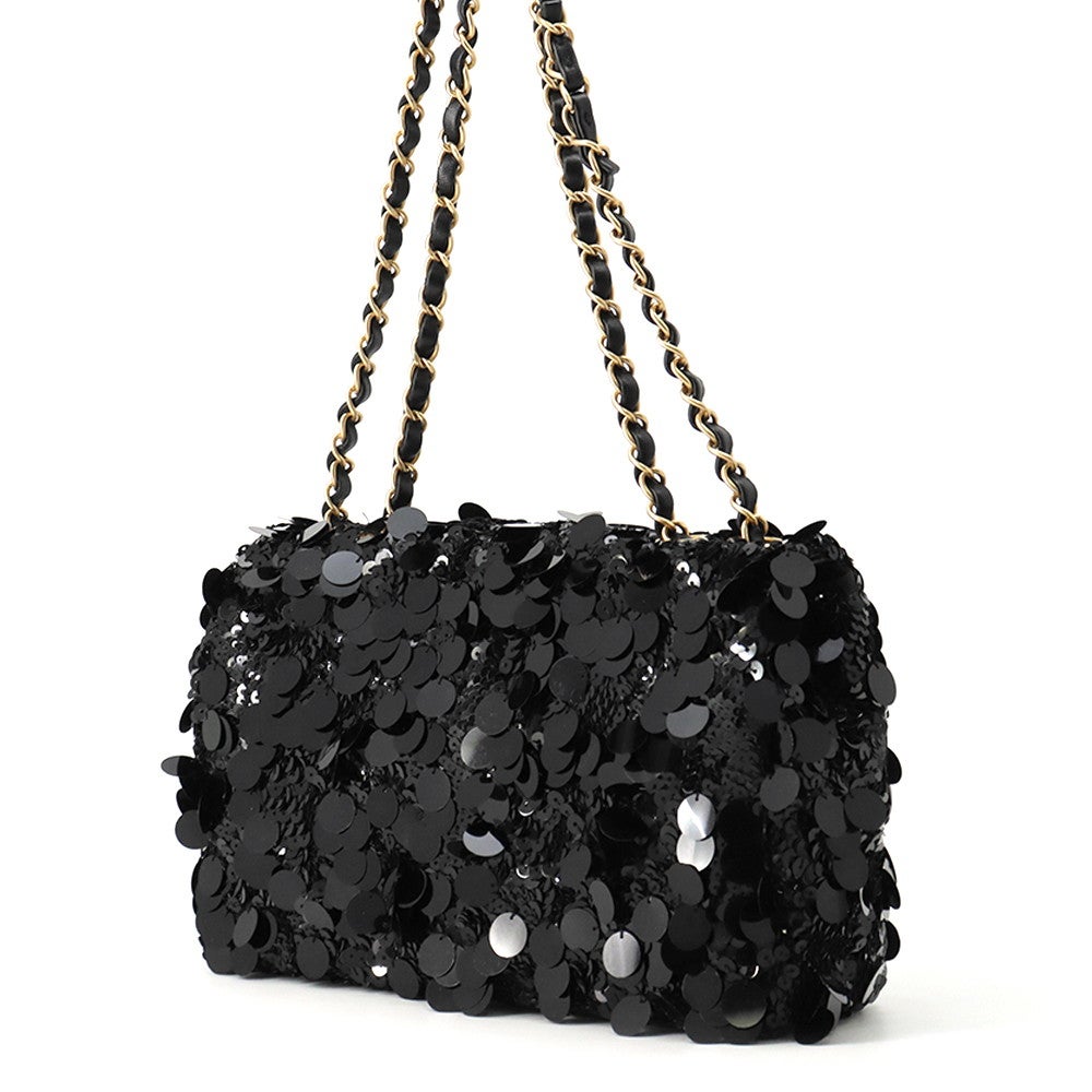 CHANEL ブラックサテン スパンコール バッグ　非売品 シャネル チェーンショルダーバッグ マトラッセ ココマーク ラムスキン