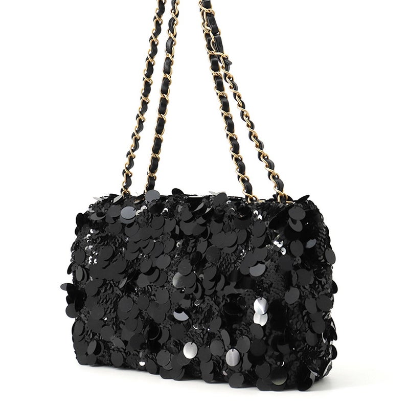 シャネル チェーンショルダーバッグ マトラッセ ココマーク ラムスキン/サテン/スパンコール ダブルチェーン CHANEL 黒