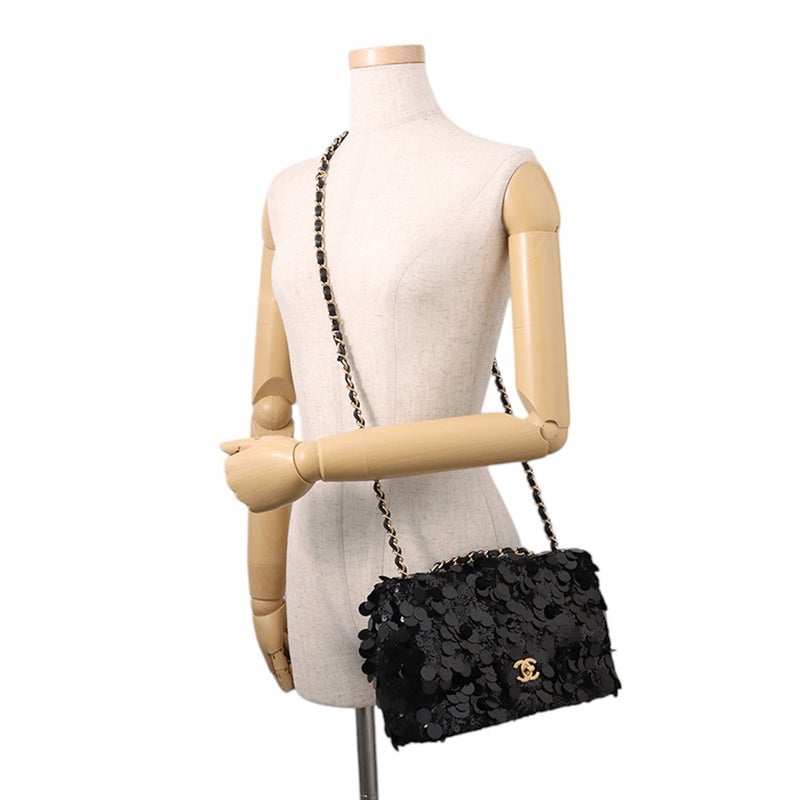 シャネル チェーンショルダーバッグ マトラッセ ココマーク ラムスキン/サテン/スパンコール ダブルチェーン CHANEL 黒