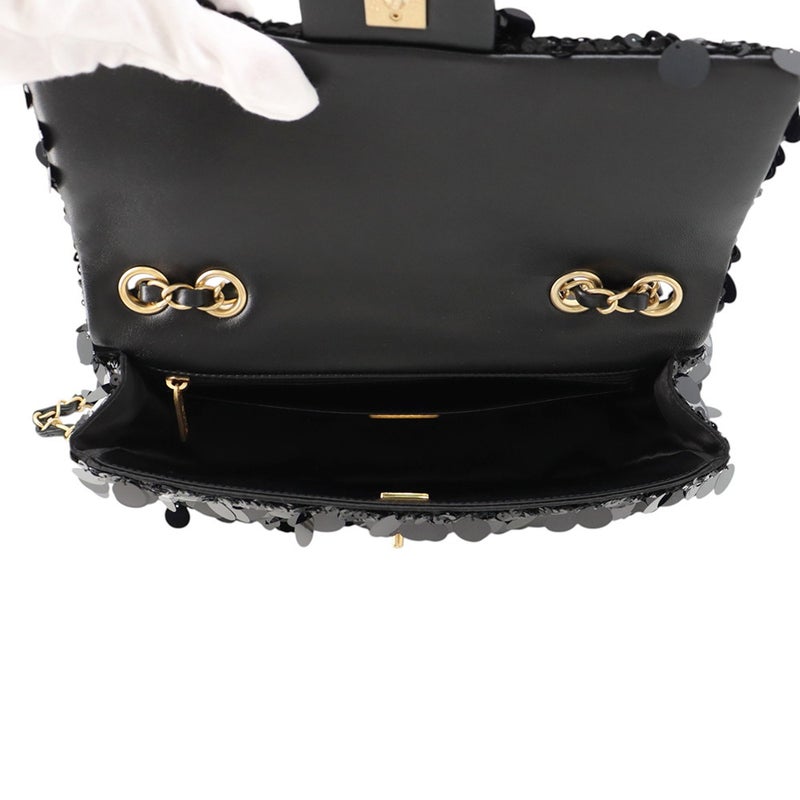 シャネル チェーンショルダーバッグ マトラッセ ココマーク ラムスキン/サテン/スパンコール ダブルチェーン CHANEL 黒