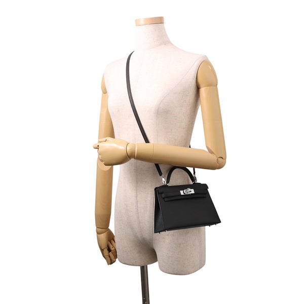 エルメス ハンドバッグ ミニケリー 外縫い ブラック/シルバー金具 エプソン K刻印 HERMES Kelly 2wayバッグ 黒