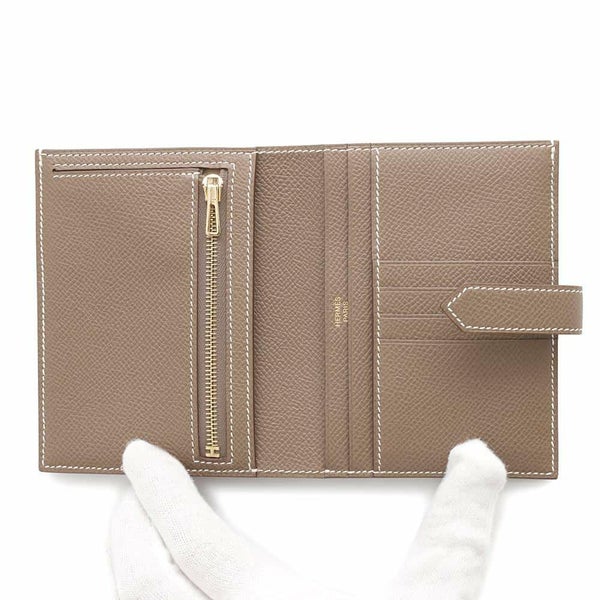 エルメス 二つ折り財布 ベアンコンパクト エトゥープ/ゴールド金具 エプソン W刻印 財布