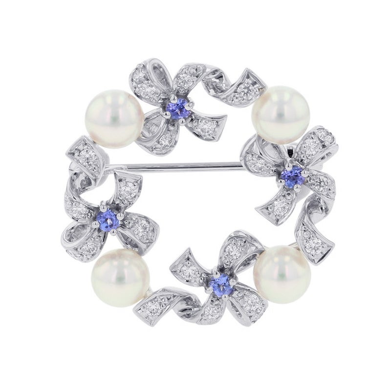 ミキモト ブローチ アコヤ真珠/ダイヤモンド 計約0.35ct/タンザナイト 計約0.18ct パール リボン K18WG PB-20151LU