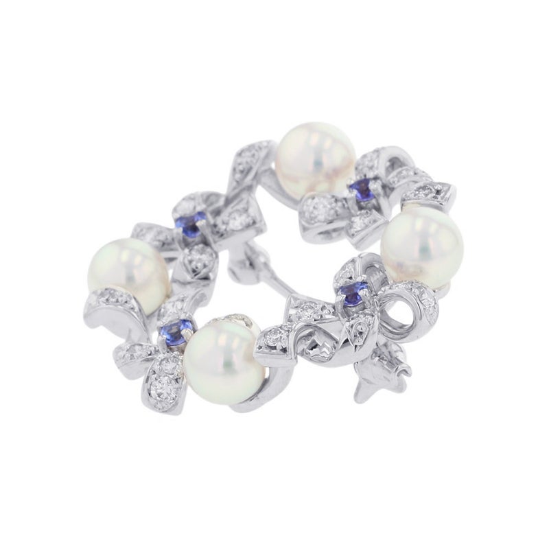 ミキモト ブローチ アコヤ真珠/ダイヤモンド 計約0.35ct/タンザナイト 計約0.18ct パール リボン K18WG PB-20151LU