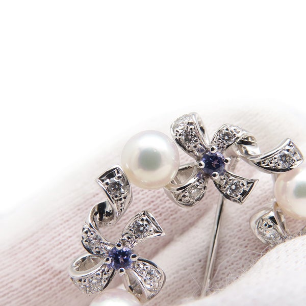 ミキモト ブローチ アコヤ真珠/ダイヤモンド 計約0.35ct/タンザナイト 計約0.18ct パール リボン K18WG PB-20151LU