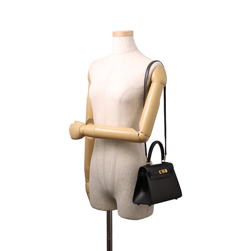エルメス ハンドバッグ ミニケリー 外縫い ブラック/ゴールド金具 ボックスカーフ 〇U刻印 HERMES Kelly 2wayバッグ 黒