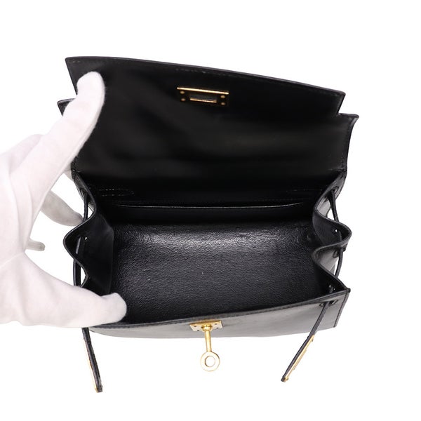 エルメス ハンドバッグ ミニケリー 外縫い ブラック/ゴールド金具 ボックスカーフ 〇U刻印 HERMES Kelly 2wayバッグ 黒