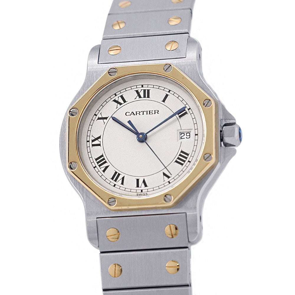 カルティエ Cartier 腕時計 サントス LM W2001583 オクタゴン アイボリー文字盤 ローマ数字インデックス デイト K18YG SS クオーツアナログ 【中古】 カルティエ サントスオクタゴン LM W2001583 Cartier 腕時計 白文字盤