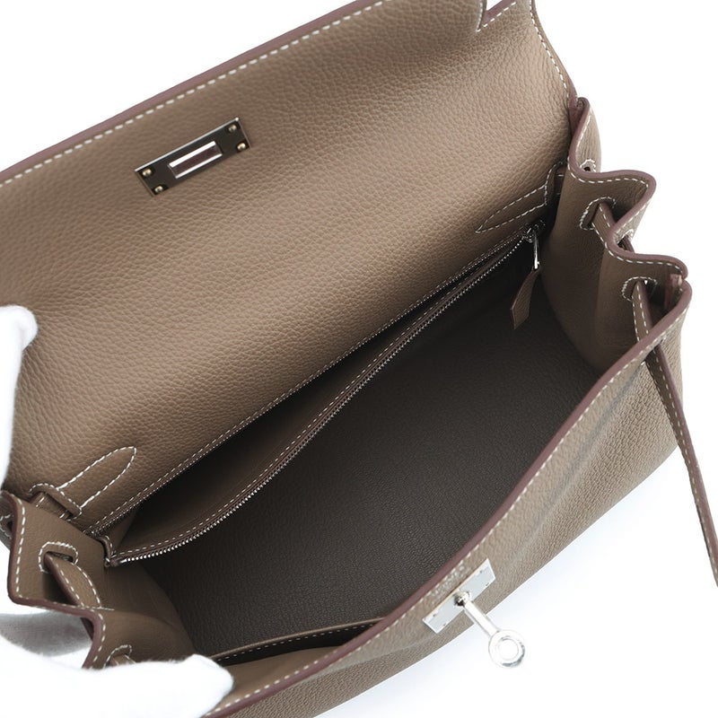 エルメス ハンドバッグ ケリー28 内縫い エトゥープ/シルバー金具 トゴ K刻印 HERMES Kelly 2wayバッグ