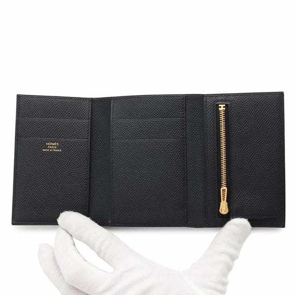 エルメス 三つ折り財布 ベアンコンビネ ブラック/ゴールド金具 エプソン W刻印 HERMES 財布