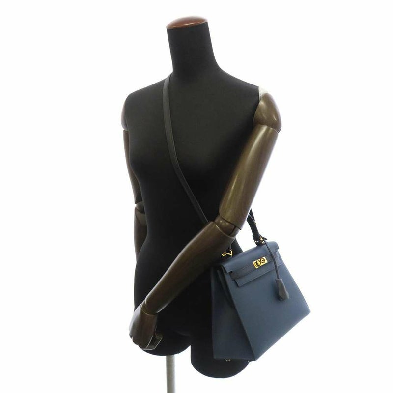 エルメス ケリー25 外縫い ブルードプリュス/ブルーインディゴ/ブラック/ゴールド金具 ヴォーエプソン B刻印 2way