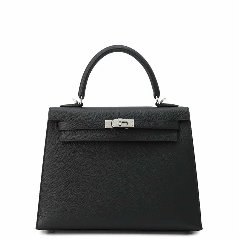 エルメス ハンドバッグ ケリー25 外縫い ブラック/シルバー金具 エプソン U刻印 2wayショルダー 黒
