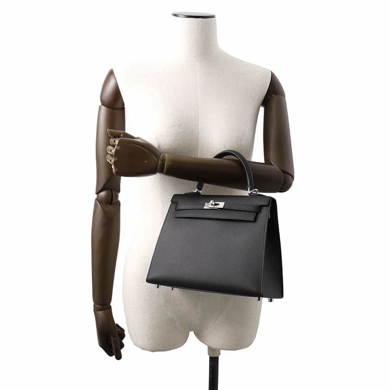 エルメス ハンドバッグ ケリー25 外縫い ブラック/シルバー金具 エプソン U刻印 2wayショルダー 黒