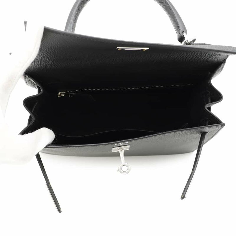 エルメス ハンドバッグ ケリー25 外縫い ブラック/シルバー金具 エプソン U刻印 2wayショルダー 黒